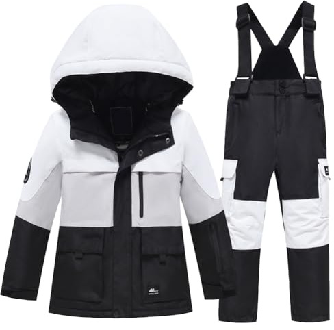 Amur Leopard Tute da Neve Bambino e Ragazzi Antivento Impermeabile Tute da Sci Bambine e Ragazze 2 Pezzi Giacca con Cappuccio + Pantaloni, Nero, 120/5-6 Anni