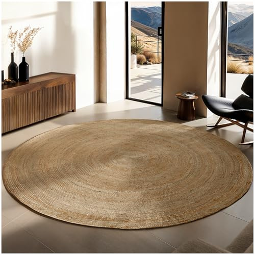 tectake® Tappeto Intrecciato Ø 200cm, Tappeto Salotto, Ideale per Interni Esterni, per Soggiorno, Camera da Letto, Bagno, Stile Boho-Chic Bohémien, Resistente a Intemperie - Juta Tessuto a Mano