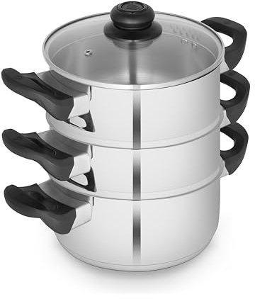 Swan Townhouse 18cm 3 Tier Stainless Steel Steamer with Glass Lid, Suitable for All Hob Types (including induction), Dishwasher Safe, Stainless Steel