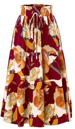 Adigaber Faldas de Mujer Cintura Elástica Faldas Vintage Estampado Floral Volantes A-Línea Faldas a la Pantorrilla con cinturón