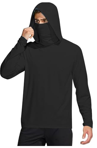 Long Sleeve Sun Shirt Men UPF 50+ Sun Protection Fishing Hoodies with Mask Outdoor Lightweight Rash Guard Hiking Blouses