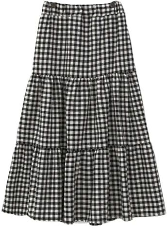 PBHGMGEBLV Maxi Gingham Skirt Women Plaid Elastic Waist Tiered Pleated Long Skirt Ladies Falds(M)