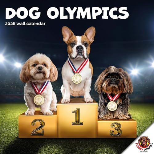 Hund-olympisk kalender 2026 från Kollektionen med roliga djurkalender. Stor fyrkantig väggkalender, 16 månader, rolig hund