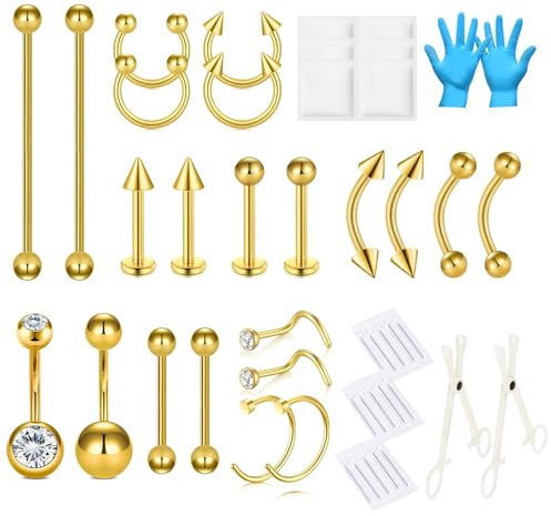 AVYRING Kit di 46 piercing per naso, setto, ombelico, sopracciglio, labbro, lingua, orecchio, cartilagine, trago, elice, piercing con gioielli, 13G, 15G, 18G, strumenti e forniture per piercing in