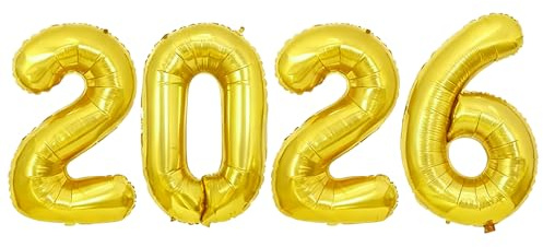 2026 Balloons, 2026 Number Foil Balloons, 40 inch Rose Gold Number Balloon, Happy New Years Decorations, Large Foil Balloon for New Years Eve Party Supplies (Gold)
