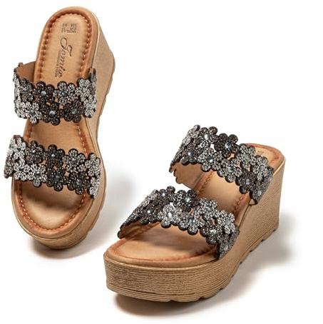JOMIX Sandales Femme Compensées Mules Mode Été Pantoufles Fleurs Strass Élégant Confortable Plateforme Plage Maison Vacances Antidérapant Léger