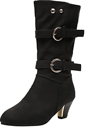 Västerländska stövlar bältesspänne knästövlar cowboystövlar damer halvhög | Stövlar dam med klack eleganta cowboystövlar fashionabla slip-stövlar rund tå västerländska stövlar retro knähöga stövlar