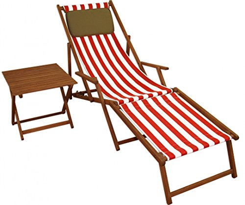 Gartenliege Liegestuhl Fußteil Tisch Kissen Deckchair Holz Sonnenliege rot-weiß 10-314 F T KD