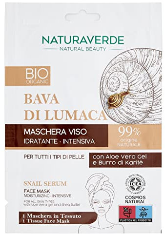 Naturaverde | BIO - Maschera Viso in Tessuto Idratante Intensiva, Maschera alla Bava di Lumaca, Maschera con Aloe Vera Gel e Burro di Karitè, Maschera BIO, Certificata ICEA