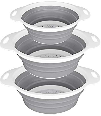 QiMH Collapsible Colander and Strainer Set of 3-2 PC 4 Quart(1 gal) and 1 PC 2 Quart(0.5 gal) - BPA Free & Dishwasher-safe Silicone Kitchen Foldable Strainer for Pasta, Veggies