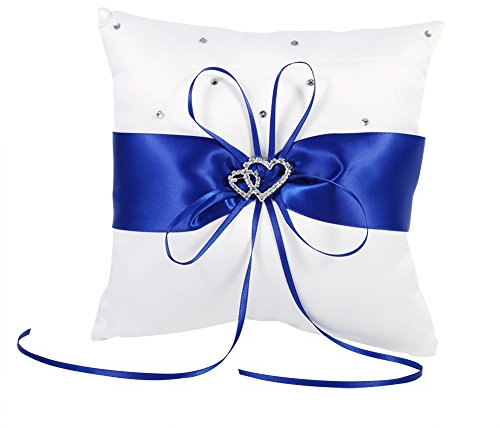 Wedding Ring Pillow, Ribbon Decorative Pillow Ring Bearer Pillow Romantic Cushion with Bowknot Double Heart Rhinestone, Wedding Rings Holder for Beach Wedding Party Ceremony(Blue)