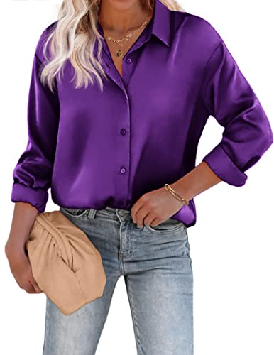 Chigant Women's Blouse Satin Silk Shirts Button Down Shirts Casual Loose Long Sleeve Office Work Tunic Tops, Purple, S