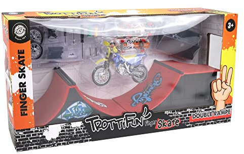 Trottifun - Set med 2 fingerskor, en dubbel ramp och 1 motorcykel - 031460 - metall och plast - skateboard - finger - barnleksak - födelsedag - present - skateboard - Från 3 år