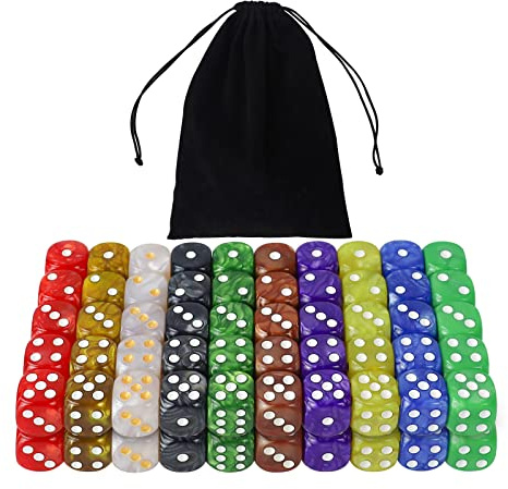 100 stycken kuber 16 mm 6-sidig kubsats, ogenomskinliga akrylkuber för brädspel, tärningsspel, matematikspel, med gratis sammetspåse, 10 färger