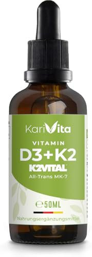 Vitamin D3 + K2 50ml (1700 Tropfen) 1000 I.E - in MCT-Öl - Hoch bioverfügbar durch Original K2VITAL® 99,7% All-Trans - Laborgeprüft, hochdosiert, flüssig und in Deutschland produziert