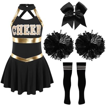 Yruioon Girls 4 Pieces Cheer Leader Costumes Cheerleading Uniform Outfit for Birthday Party Dress Up Black 12 Years