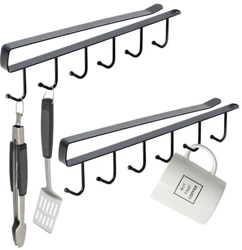 2 Pcs Noir Porte Tasse à Suspendre, Tasse Rangement Crochets sans Percage, Porte-Tasses Suspendu Sous Placard, Tasses à Verres de Rangement Crochets pour Suspendre des Mugs, des Ustensiles de Cuisine