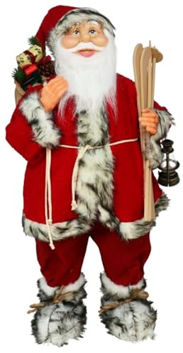 Acan Tradineur - Figura di Babbo Natale con sci, poliestere e plastica, Babbo Natale in piedi, decorazione festiva, addobbi natalizi, vetrine, casa (Rosso - 80 cm)