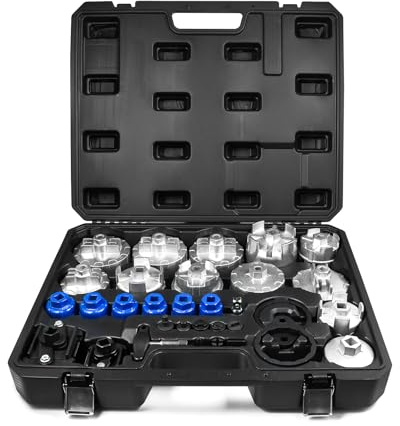 SMOTIVEPRO Ölfilter Werkzeug Set, 12 Ölfilterkappen, 2 Verstellbare Ölfilterschlüssel, 6 Ölfilter-Steckschlüssel, 2 Ölfilterzangen, 8 Ölablassschraubenschlüssel mit T-Griff-Schlüssel, 1 Nuss