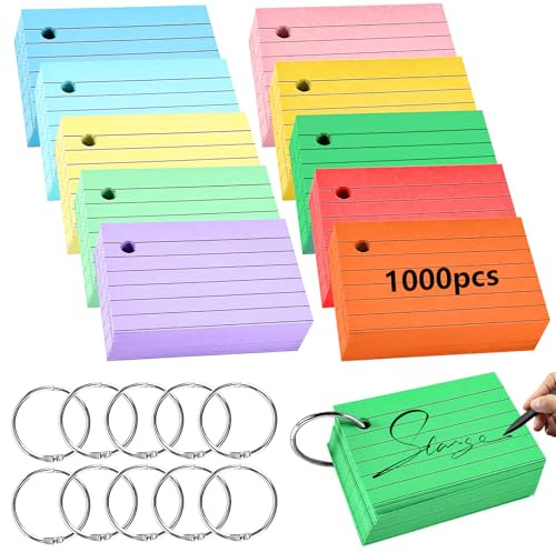 TTYSHIP® 1 000 stycken A8-indexkort, färgglada indexkort A8-med 10 bindningar, 7,4 x 5,1 cm vokabelkort, indexkort för kontor, hem, skola, inlärning (10 färger)
