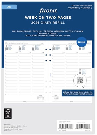 Filofax A5 Woche auf zwei Seiten 5 Sprachen Termine 2026 Terminplaner 26-68514