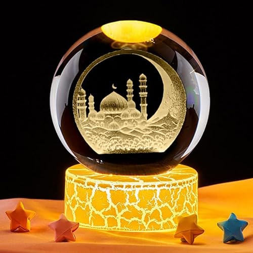 FUFRE Ramadan, sfera decorativa a LED di cristallo, decorazione eid mubarak, 6 cm, alimentazione USB, sfera di cristallo con base, decorazione musulmana per bambini, amici, coppie, compleanni