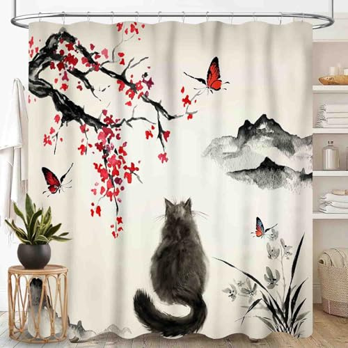 Japanese Shower Curtains, Traditional Ink Painting Black Fluffy Cat Red Cherry Blossom Floral Branch Oriental Asian Mountains Waterproof Fabric Bathroom Shower Curtain Set with Hooks, 72x72 Inch