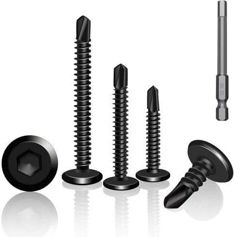 YFLeomry 60 Vis Auto-Taraudeuses en Acier Inoxydable 410, 5,5 x 35 mm, Tête Plate avec Empreinte Hexagonale, Noires vis autoforeuse Incluant Embout de Tournevis