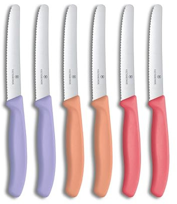 Victorinox Swiss Classic, coltello da colazione, set di coltelli da pane, 6 pezzi, lama affilata, bordo seghettato, 11 cm, acciaio inossidabile, Viola, arancione e rosa