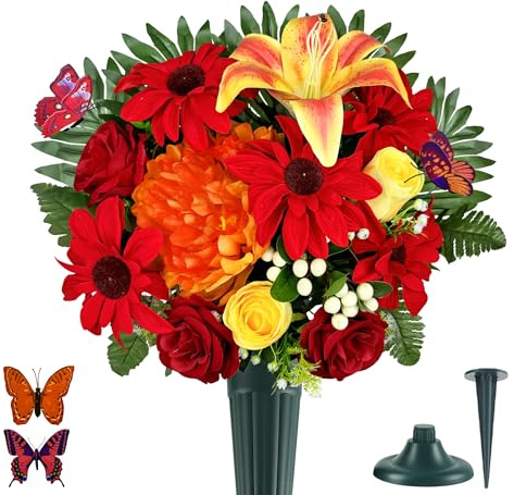 HENOMO Handmade Cemetery Flowers with Grave Vase for Tombstone Decoration-Funeral/Memorial Flower, Graveside Flowers of Artificial Rose Sunflower Lily Berry,Non-Bleed Color