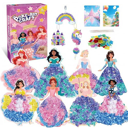 Afufu Kit Lavoretti Creativi Poke Art 12PCS per Bambini 3 4 5 6 7 8 9+ Anni, 8 Principesse 800 Tessuti Colorati 2 Penne, DIY Artigianali Craft Attività Manuali Bambine Giocattolo Educativo Ragazza