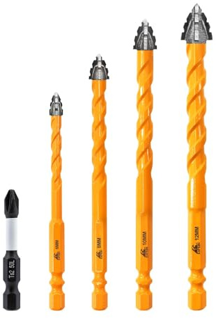 Juego de brocas de precisión para mampostería, 6/8/10/12 mm, broca de metal duro dentado + 1 broca magnética para hormigón, azulejos, ladrillo, mármol, madera y plástico