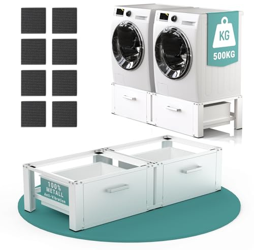 DELEMOPURE Stabiler Waschmaschinen Untergestell mit 2 Schubladen Waschmaschinen Unterschrank 500kg Tragkraft Waschmaschine mit Hohem Sockel Stahl Doppel Podest für Waschmaschine und Trockner