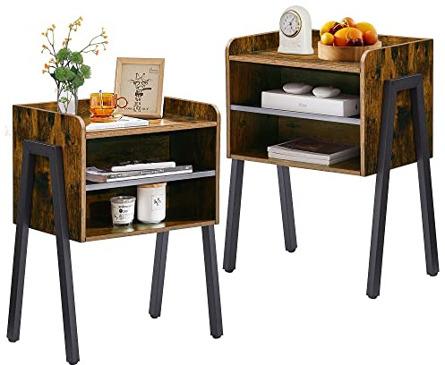 VECELO Nightstand Set of 2,Industrial End Table,Bedside Table with 2-Tier Open Storage Shelves,Wood Side Table with Metal Frame for Bedroom, Living Room,Small Spaces