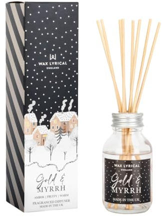 Wax Lyrical Reed Diffuser Home Fragrance - Gold & Myrrh, 100ml | Frankincense, Lemon, Jasmine, Vanilla and Amber Scents, Rattan Reeds, Festive Fragrance, Room Air Freshener