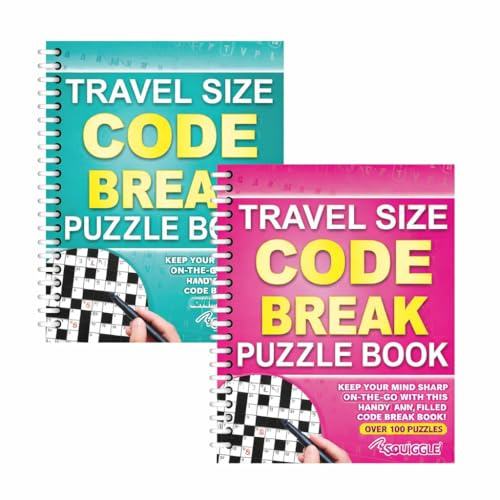 Sixstore A5 Spiral Bound Puzzle Books, Turquoise and Pink, Set of 2 | Code Break, Word Search, Travel Size