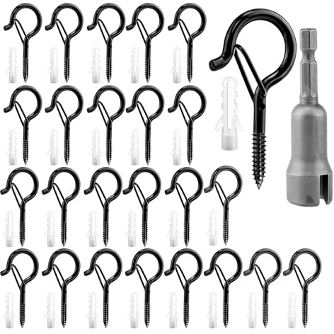 Pinrolla 41pcs Screw in Hooks Kit Black Q Hanger Hooks for Outdoor String Light Ceiling Hooks with Safety Buckle Eye Screws for Hanging Lights Plants Cups Utensils
