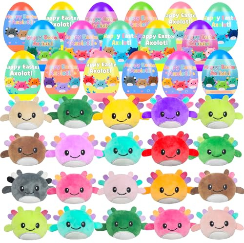 Cherislpy 24 Pcs PreFilled Easter Eggs with Plush Axolotl Toys Animals Decoration Stuffed Toy Great for Kids Boys Girls Toddler Easter Basket Stuffers Party Favors Egg Fillers