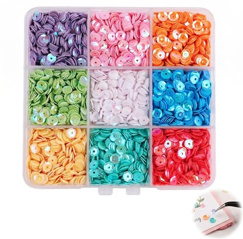 MYZWEL 9 Colori Paillettes Rotonde 5mm per Borse Uncinetto e Fai da Te, Set di Paillettes da Cucire per Decorazioni Vestiti, Scarpe e Artigianato, Brillantini Colorati in Scatola Organizer