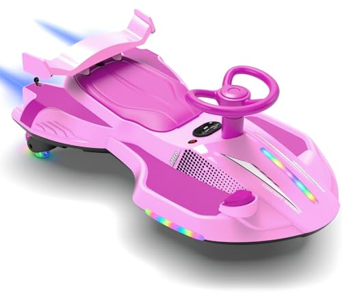 CoolGrows 2-in-1 12V Electric Wiggle Car with LED Lights & Bluetooth | 360° Swivel Wheels | Manual & Motorised Modes for Ages 3+ | Pink