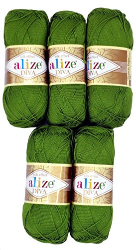 Alize 5 x 100 Gramm Wolle Diva Batik einfarbig, 500 Gramm merzerisierte Strickwolle Microfiber-Acryl (grün 210)