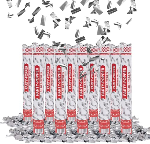 Party Factory – Konfettikanone Silber Party Popper 10er Set – Partygadgets Konfetti Kanone 40cm mit Schnipseln für Hochzeit, Geburtstag oder Silvester – Bis 8m Flughöhe, für Innen & Außen