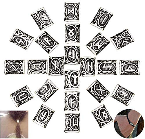 nuluxi Perles de Runes Viking Antiques Barbe Viking Anneaux Bracelet Antique Barbe Cheveu et Durable Design Unique pour Bracelet, Collier, Pendentif, Barbe, Dreadlocks et Cheveux (24 Pièces)
