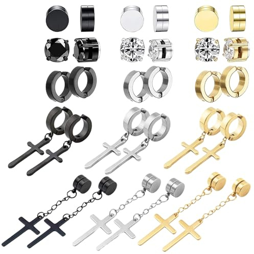 NEWITIN 15 Pairs Magnetic Stud Earrings for Men Clip on Earrings Stainless Steel Magnet Earring Unisex Dangle Cross CZ Hoop Magnetic Stud Earring Set for Men Women, 0.51 inches, Metal, Cubic Zirconia