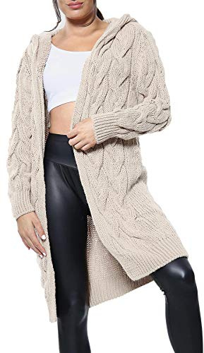 Crazy Girls Womens Chunky Knit Long Cardigan, Stone, ML (UK 12-14)