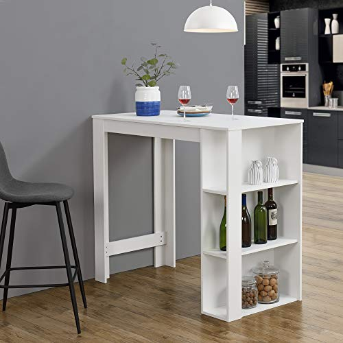 [en.casa] Mesa Alta Cocina Danderyd Mesa de Bar Moderna con 3 Estantes Laterales para Comedor Oficina en Casa Aglomerado 120 x 60 x 106 cm - Blanco