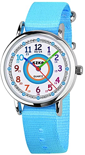 KZKR Kinderuhr Jungen Armbanduhr Nylon Quarz Analog Einfach-Lesen Lernuhr Sportlich Blau Jungenuhr Geschenk Uhr (Hellblau)