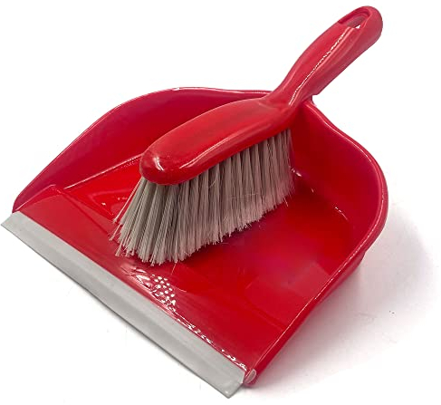 Colour Coded Dustpan and Brush Sets | 22cm Wide Plastic Dustpan with Rubber Lip, and Soft Bristle Brush | Hand Brush and Pan for Domestic and Commercial Use (Red)