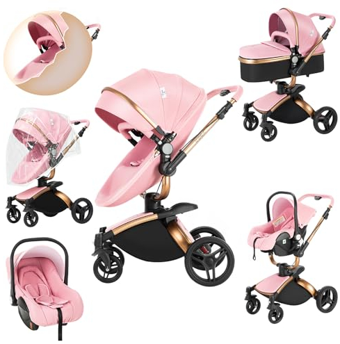 Prokoke Kinderwagen 3 in 1, Buggy aus Leder mit Verstellbarem Sitz mit 360°-Drehung, Kinderwagen mit Rahmen Aluminiumlegierung, Kombikinderwagen 3 in 1 mit Einem Klick Faltbar Design (906 Pink)