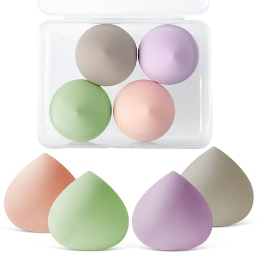 AUAUY Makeup Sponges Set, 4 Pcs Professional Beauty Sponge Foundation Blending with 1 Sponge Storage Box, Pink Makeup Sponges for Cream, Liquid and Powder